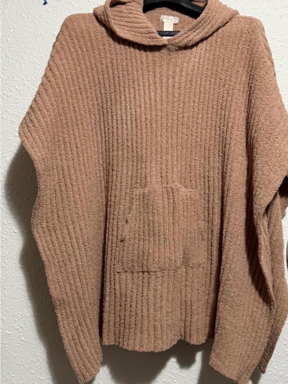 Free People Ribbed Hooded Pullover in Camel